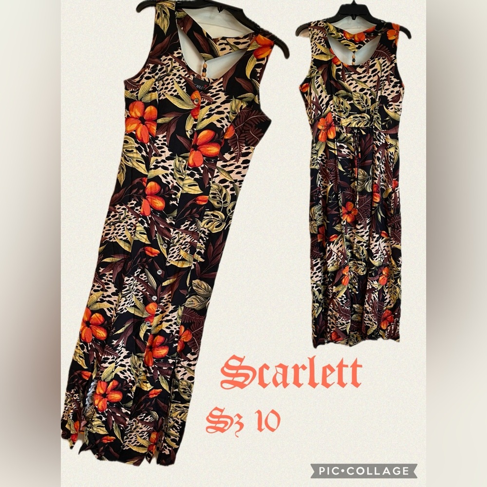 Scarlet leaves & flowers tie in back SZ 10 Maxi w Button front & side slits ECU